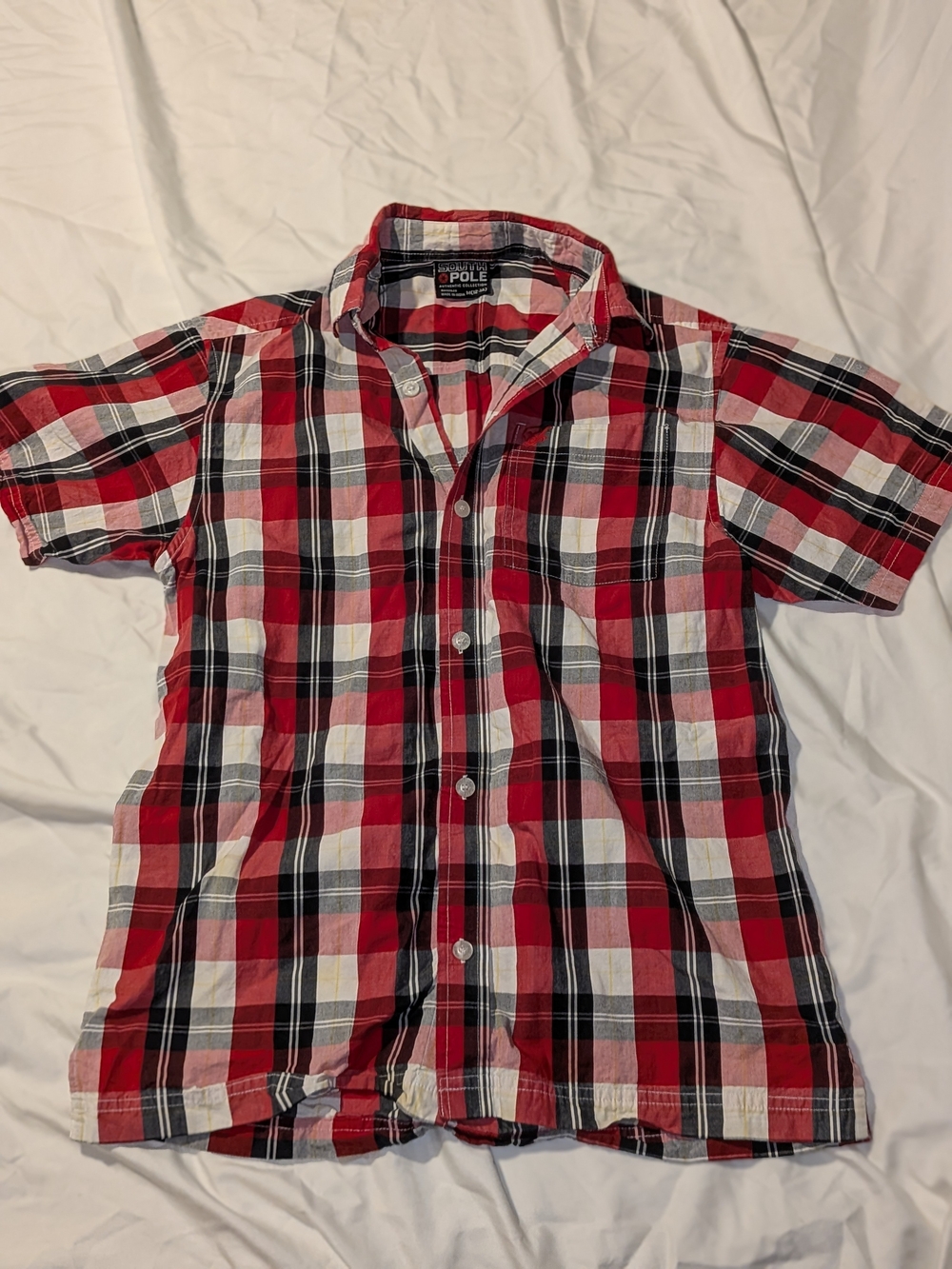 South Pole Red Black White Plaid Short-Sleeve Button-Up Shirt